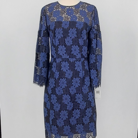 Trina Turk Embroidered Sheer Bell Sleeve 2-Tone Blue Black Lace Dress 4 Small - Picture 6 of 13